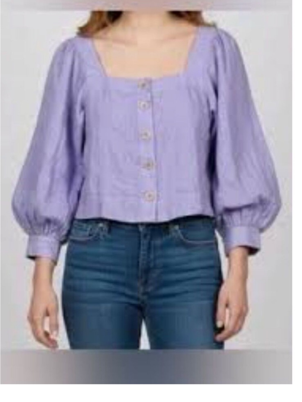 J. Crew Lavender Square-Neck Puff Sleeve Button-Front Linen Top